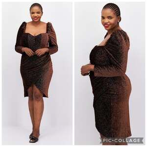 Lavish Alice Diamonte Brown Metallic Velvet Puff Sleeve Dress Plus Size 22